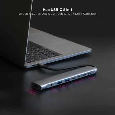 Nano Cable Concentrador USB-C 8 en 1 (Ref: 10.16.4608) con 2x USB-A 3.0, 3x USB-C, HDMI 4K 60Hz, Jack 3.5mm y USB-C PD 100W - Gris